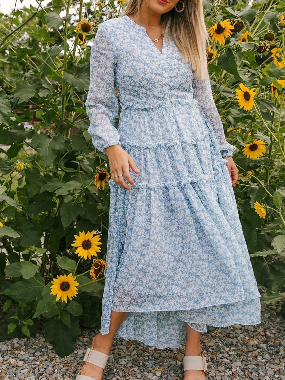 Ivy City Co Forget Me Not Blue Floral Maxi Dress Button Front Ruffle size XL
